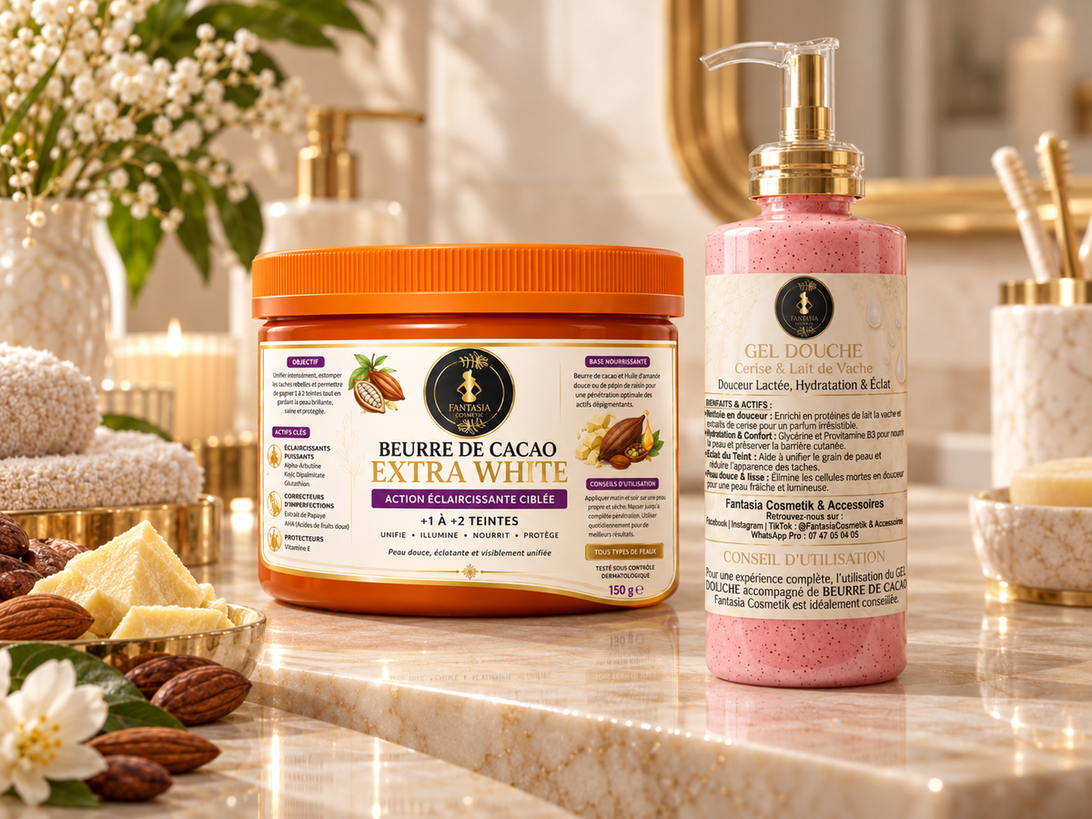 Beurre de Cacao Extra White – Soin Unifiant & le Gel Douche Lait à la Cerise